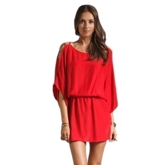 Karina Grimaldi Pampita Red Open Shoulder Silk Blouson Dress Ll23